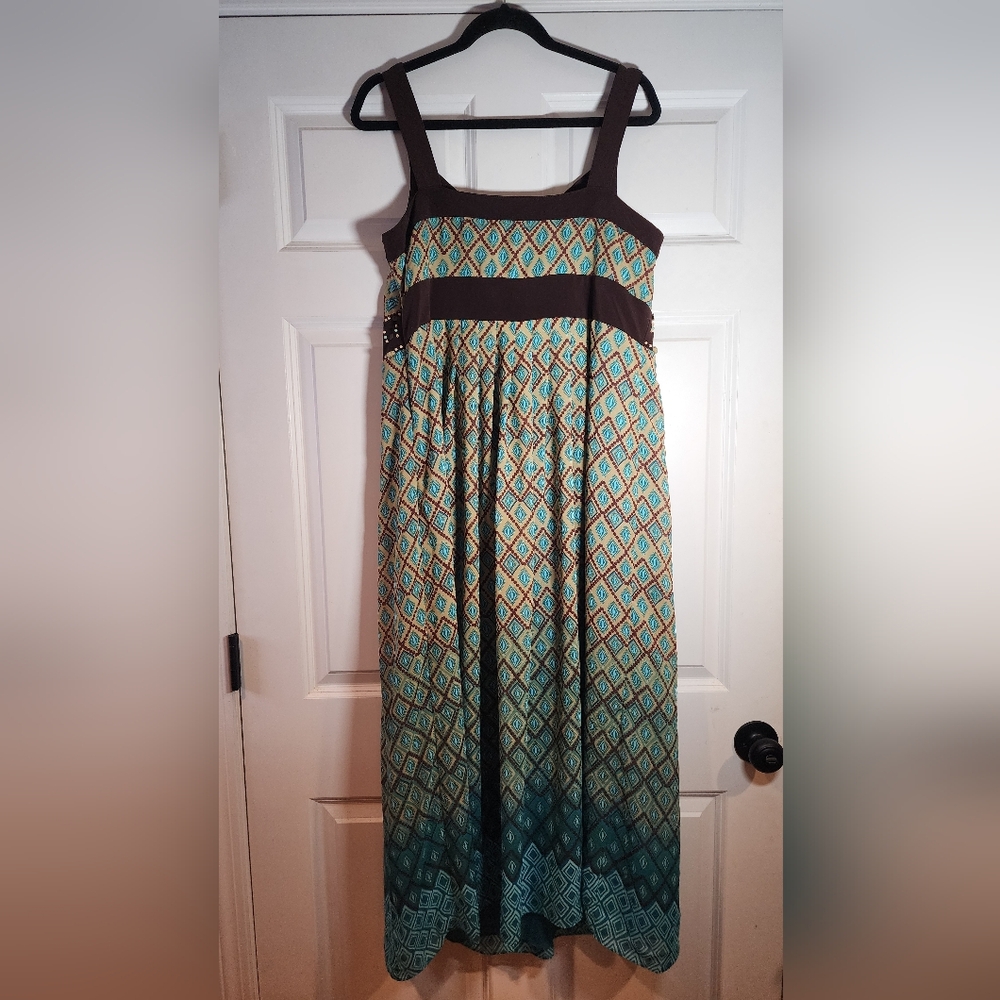 Dressbarn Elegant Brown and Teal Maxi Dress With Bead Detail 16W - Picture 4 of 4